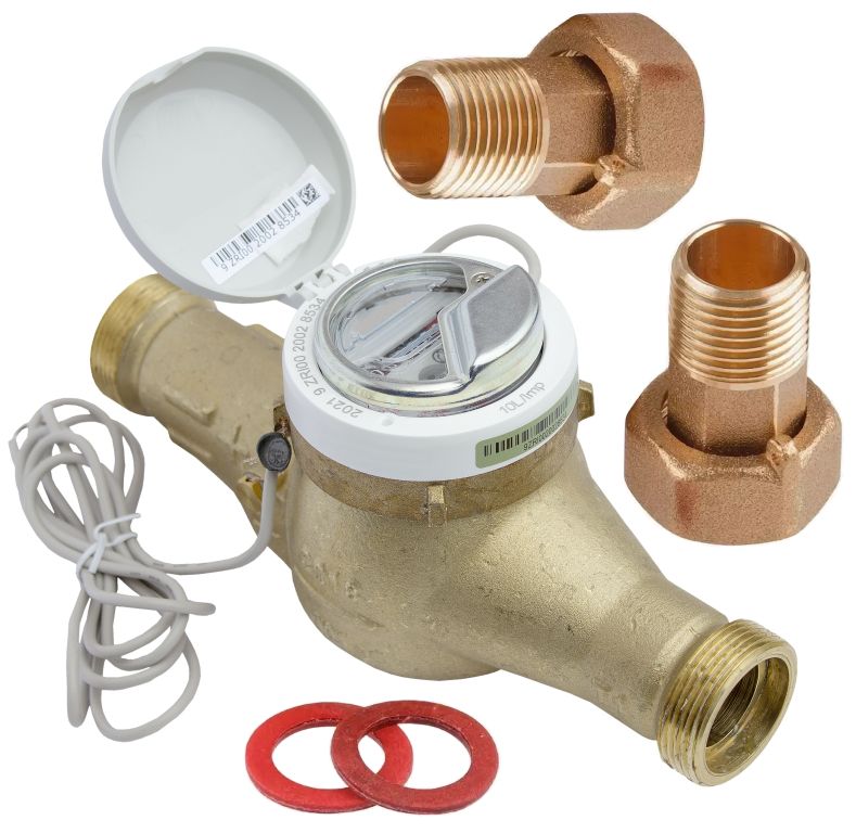 Счетчик воды Миномесс СВГДИ, 90°C, DN 15, Qn 1,5, L 165 mm, с импульсным датчиком (1/10/100 L/Imp.), с присоединителями, металлорукав