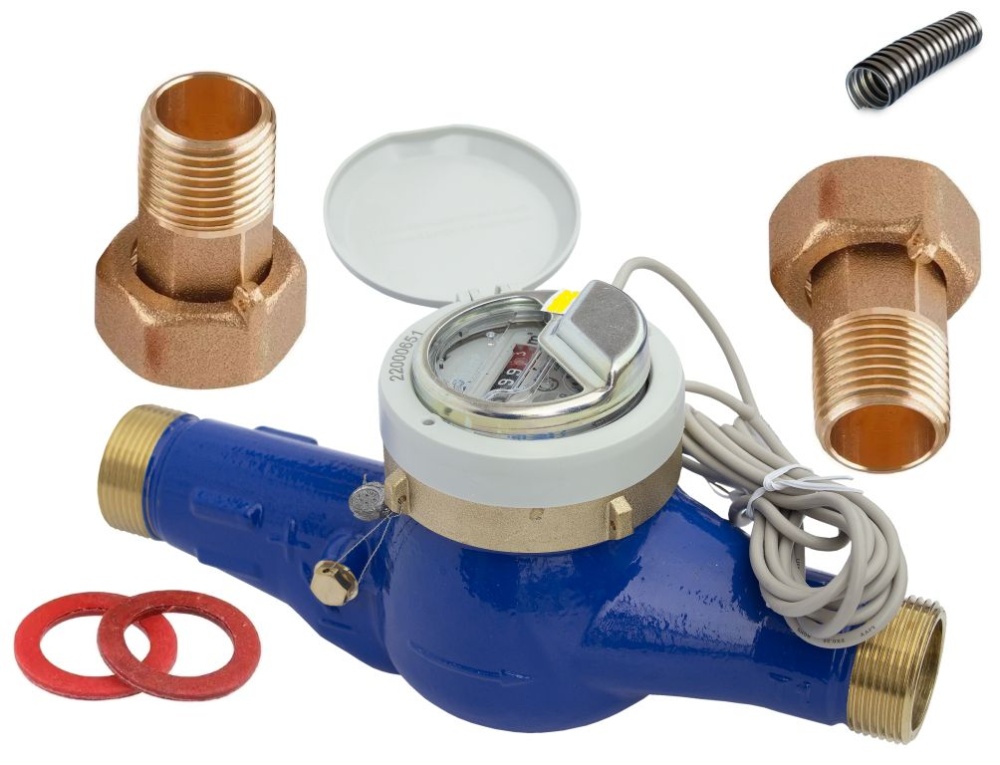 Счетчик воды Миномесс СВХДИ, 40°C, DN 50, Qn 15, L 300 mm, с импульсным датчиком (1/10/100 L/Imp.), с присоединителями, металлорукав