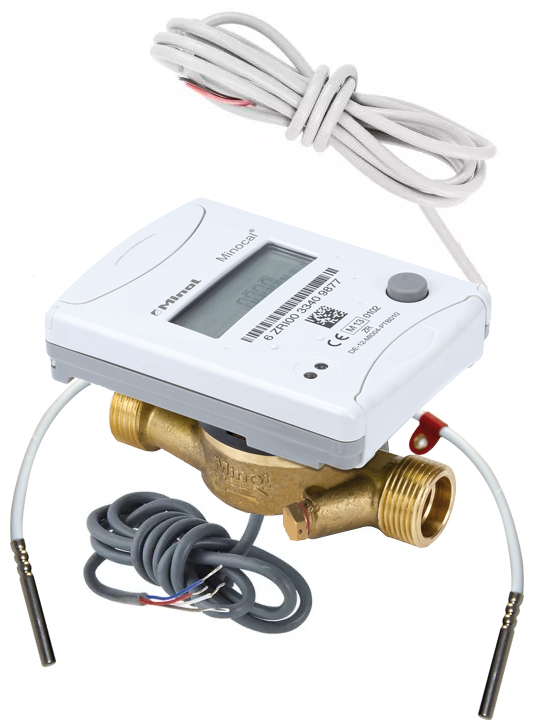 Теплосчетчик: Minocal ISF (С5-ISF), DN 15, Qn 1,5, L 110 mm, длина кабеля 1,5 m, M-bus+имп.вход/выход 3х, для установки на подающий трубопровод + 2 Крана шаровых c гнездом термосопротивления, DN 15, R 1/2" + Узел присоединителей (2 штуцера, 2 гайки, 2 прокладки), DN 15 (G3/4"B R1/2")