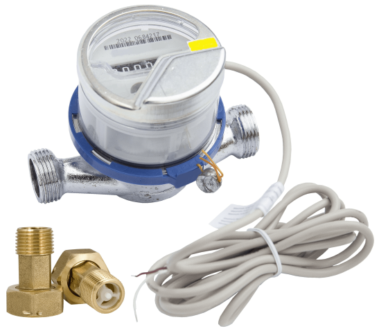 Счетчик воды Миномесс СВХИ, 40°C, DN 15, Qn 1,5, L 80 mm, с импульсным датчиком (1L/Imp.), с присоединителями с обратным клапаном