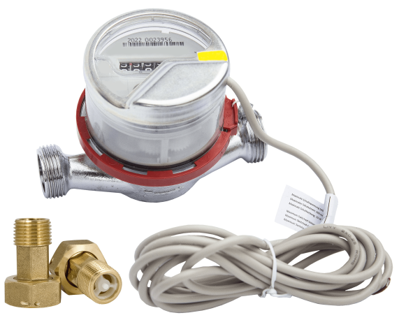 Счетчик воды Миномесс СВГИ, 90°C, DN 15, Qn 1,5, L 80 mm, с импульсным датчиком (1L/Imp.), с присоединителями с обратным клапаном