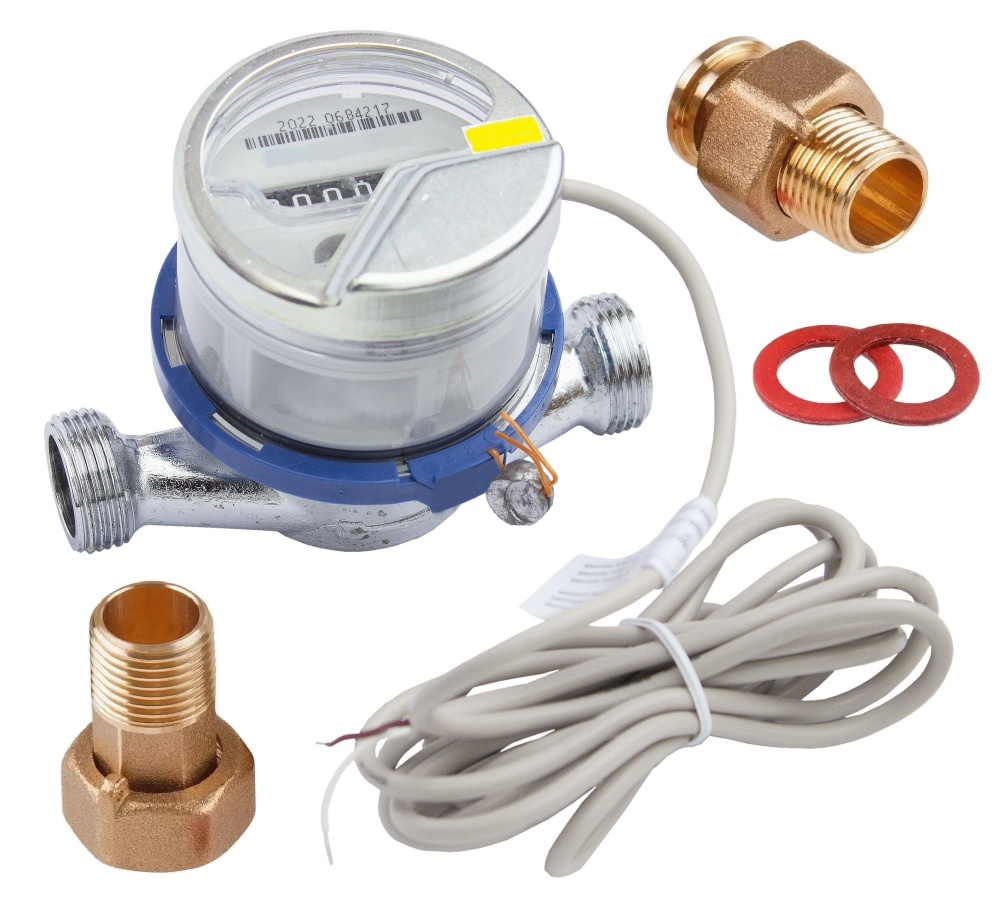 Счетчик воды Миномесс СВХИ, 40°C, DN 15, Qn 1,5, L 80 mm, с импульсным датчиком (1L/Imp.), с присоединителями